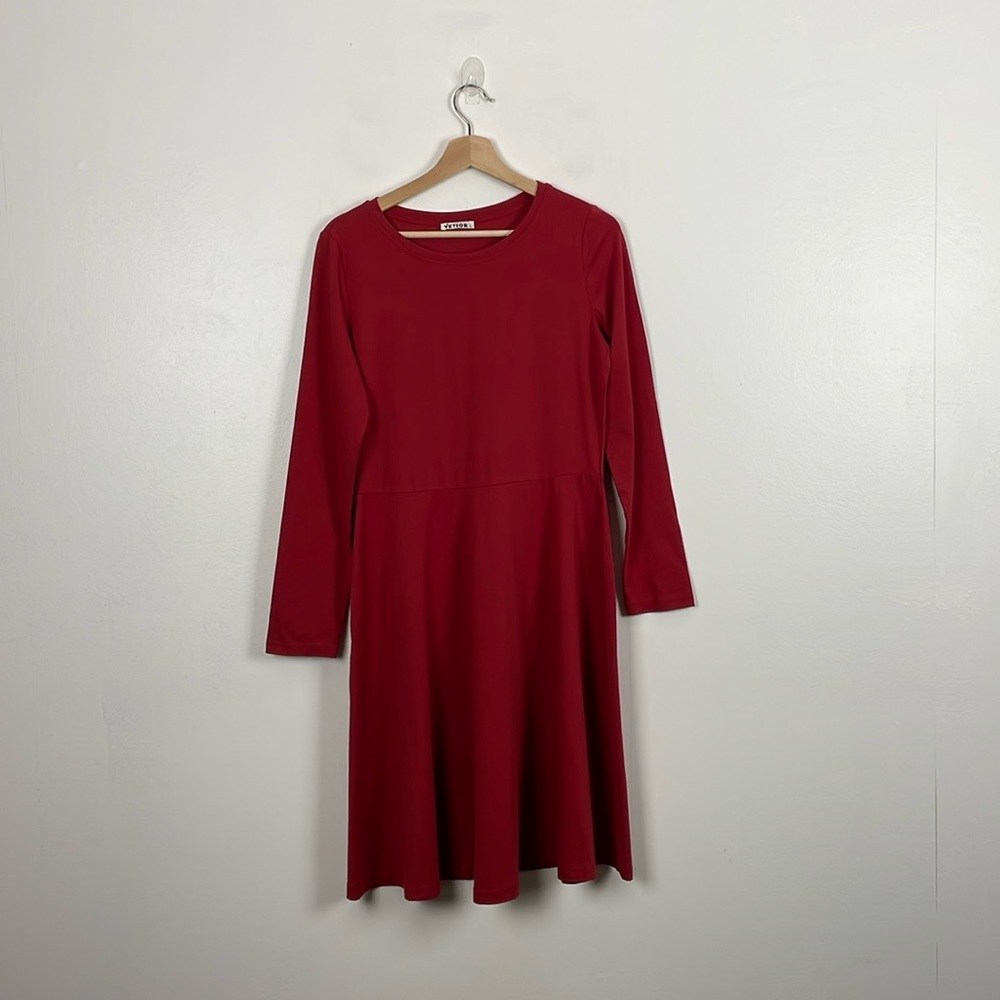 Vetior Womens L Long Sleeve Fit Swing Midi Stretch Burgundy Red Casual Dress